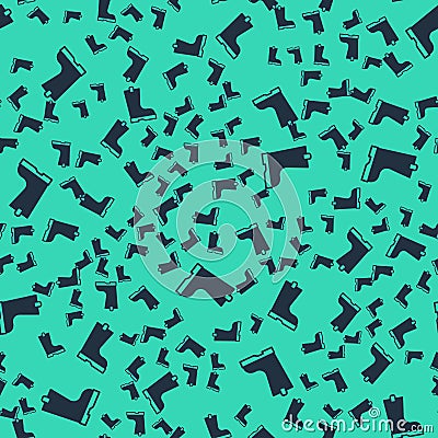 Black Waterproof rubber boot icon isolated seamless pattern on green background. Gumboots for rainy weather, fishing Vector Illustration