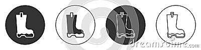 Black Waterproof rubber boot icon isolated on white background. Gumboots for rainy weather, fishing, gardening. Circle Vector Illustration