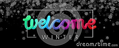 Black welcome winter banner with beautiful snowflakes. Vector Illustration