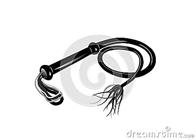 Black whip sex toy. Leather lash BDSM icon, isolated Vector Illustration