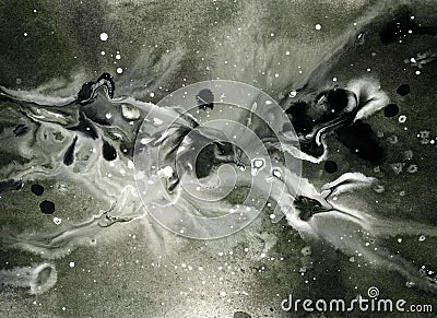 Black white abstract background, splashes and stains, acrylic painting, monochrome drawing, Cartoon Illustration