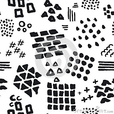 Black and white abstract hand drawn different shapes brush strokes and textures seamless pattern Vector Illustration