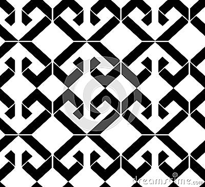 Black and white abstract ornament geometric seamless pattern. Symmetric monochrome vector textile backdrop. Intertwine rhombs. Vector Illustration