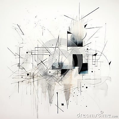 Abstract Black And White Painting With Technological Design Elements Stock Photo