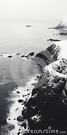 Black And White Aerial Landscape Photography: Winter Valley And Rocky Beach Stock Photo