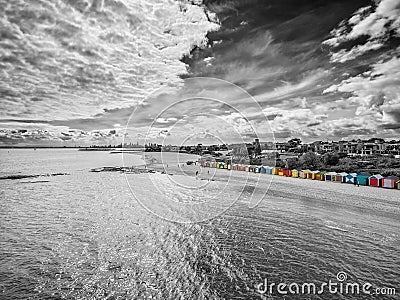 Black and white aerial view of Brighton Beach bathing huts Stock Photo