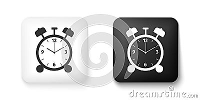 Black and white Alarm clock icon isolated on white background. Wake up, get up concept. Time sign. Square button. Vector Vector Illustration