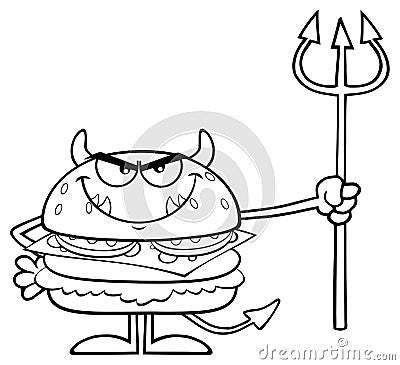 Black And White Angry Devil Burger Cartoon Character Holding A Trident Vector Illustration