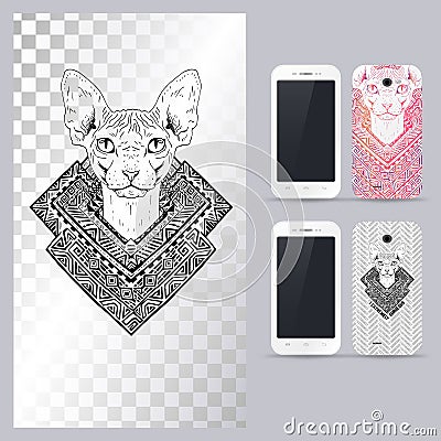 Black and white animal Cat head. Vector illustration for phone case. Vector Illustration