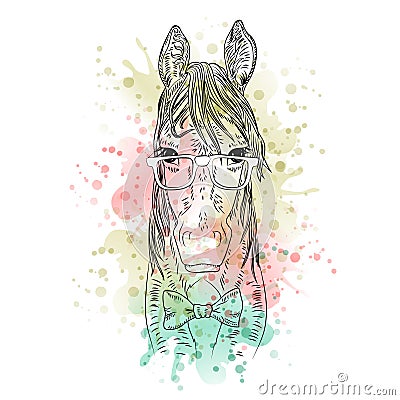 Black and white animal horse head, watercolor abstract art, tattoo, doodle sketch. Vector Illustration