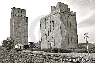 Black and white:Antiquated old concrete poured grain elevators Stock Photo