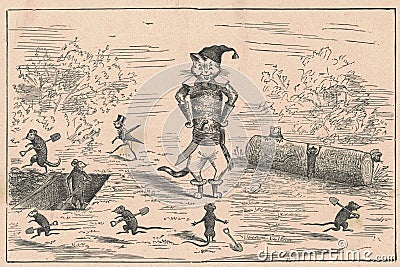 Black and white antique illustration shows a cat and the mice. Vintage illustration shows the little mice and the cat Cartoon Illustration