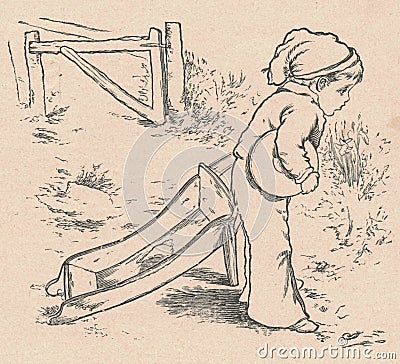 Black and white antique illustration shows a little boy and a broken wheelbarrow. Vintage marvellous illustration shows Cartoon Illustration