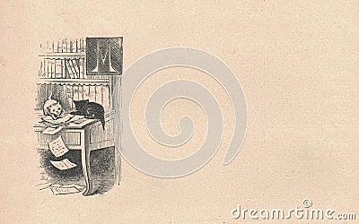 Black and white antique illustration shows a little mischievous kittens playing with a paperwork on a desk. Vintage Cartoon Illustration