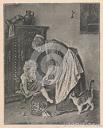 Black and white antique illustration shows a mother putting girl& x27;s socks on her legs. Vintage marvellous Cartoon Illustration