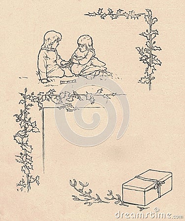 Black and white antique illustration shows two children on the meadow. Vintage marvellous illustration shows two girls Cartoon Illustration