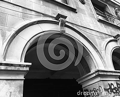 Black and white architectural arcade graffiti Stock Photo