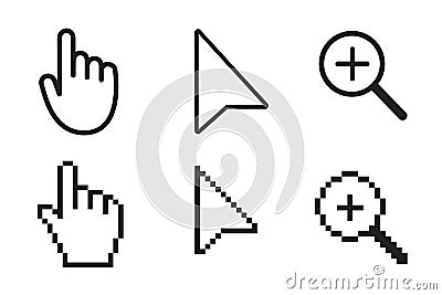 Black and white arrow, hand, magnifier pixel and no pixel mouse cursor icons vector illustration Vector Illustration