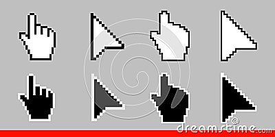 Black and white arrow pixel and pixel mouse hand cursors icon Vector Illustration