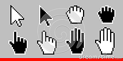 Black and white arrow pixel and pixel mouse hand cursors icon Vector Illustration