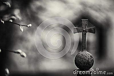 Black and white art photo mood park railing with a cross Fok bokeh Stock Photo