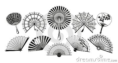 Black and White Asian Fans Isolated Icons. Elegant, Handcrafted Treasures Made Of Delicate Materials Vector Illustration Vector Illustration