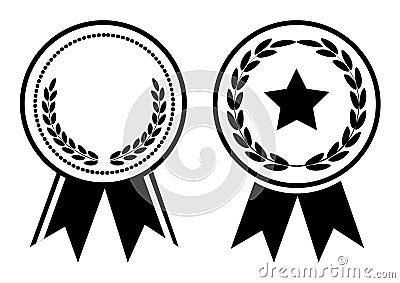 Black and white award, medal with ribbon. Vector Cartoon Illustration