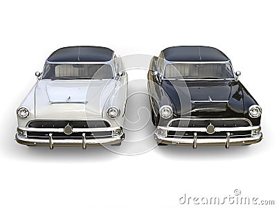 Black and white awesome vintage cars - top front view Stock Photo