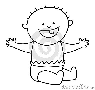 Black and white baby smiling with one tooth. Vector child line icon. Little outline kid in diaper. First teeth concept or coloring Vector Illustration