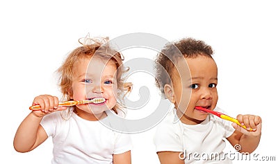 Black and white baby toddlers brushing teeth Stock Photo