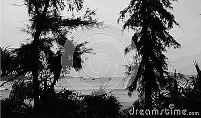 Black and white background of the coast, seascape Vector Illustration