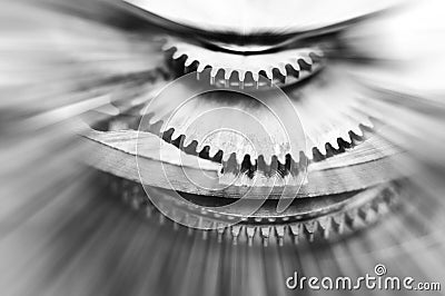 Black and white background. Metal Cogwheels in clock mechanism. Macro Stock Photo