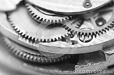 Black and white background with metal cogwheels a clockwork. Stock Photo