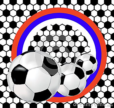 Black and white background with soccer balls and flag of Russia Vector Illustration