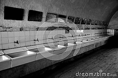 Black and White Bathroom sinks at Terezin concentration camp Czech Republic Editorial Stock Photo
