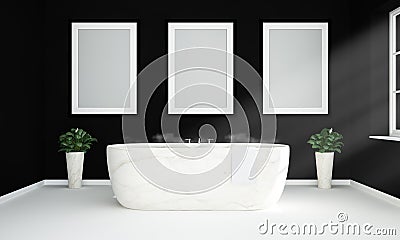 black and white bathroom with three blank hanging posters mockup Stock Photo