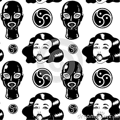Black and white BDSM Vintage ink woman seamless pattern Vector Illustration