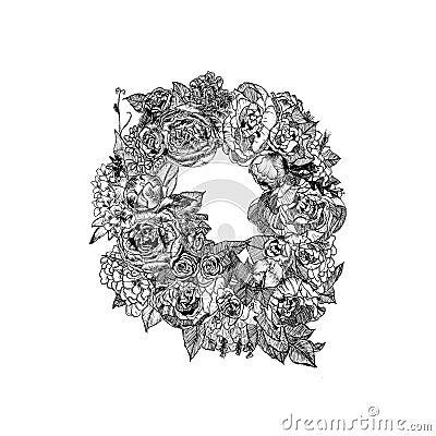 Black and White Beautiful Hand Drawing Flower Wreath Stock Photo