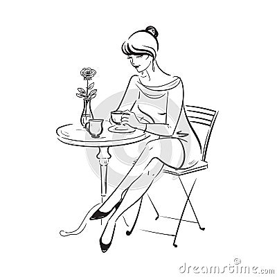 Black and white Beautiful young woman in a cafe and having breakfast. The woman is drinking coffee. Stock illustration Vector Illustration