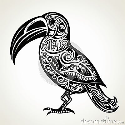 Bold Tribal Silhouette Toucan Engraving On White Background Cartoon Illustration