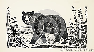 Black Bear Lino Print On Wood: Intense And Dignified Wildlife Illustration Stock Photo