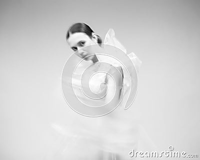 Black and white blurred portrait of a girl in polyethylene. Stock Photo