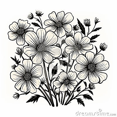 Stylistic Black And White Drawings Of Bouquet Flowers Stock Photo