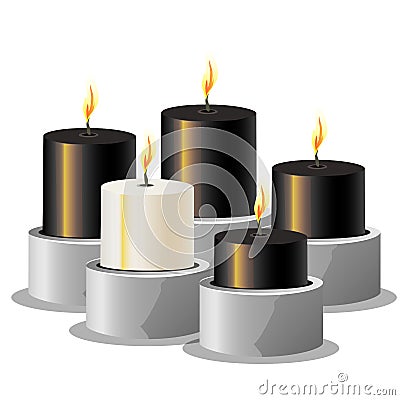 Black and white burning candles on a metal stand Vector Illustration