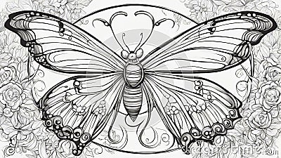 black and white butterfly black and white, coloring book, page A butterfly with wings and antennae, Stock Photo
