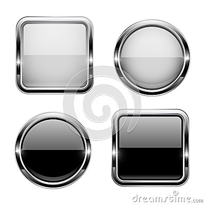 Black and white buttons with chrome frame. Round and square glass shiny 3d icons Vector Illustration