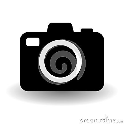 Black and white camera icon, flat photo camera vector isolated with vector shadow. Modern simple snapshot photography Vector Illustration