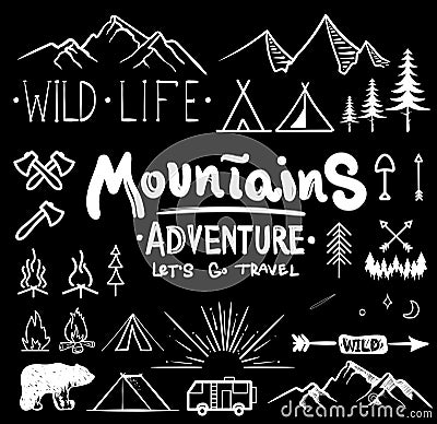 Black and white camping collection of icon made with ink and brush. Doodle style. Hand drawn set of adventure items Vector Illustration