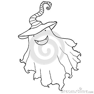 Black and white cartoon, funny muzzle, ghostin a hat, isolated. Vector Illustration