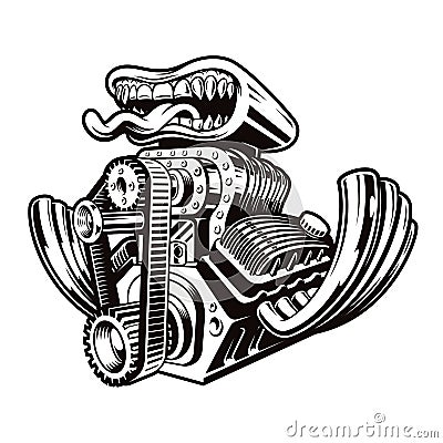 A black and white cartoon hot rod engine Vector Illustration